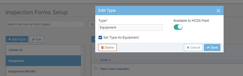 inspection form setup