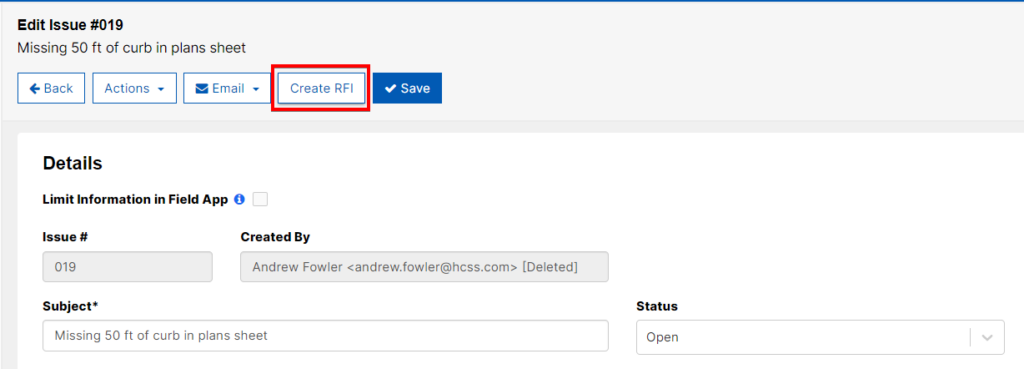create rfi from issue button