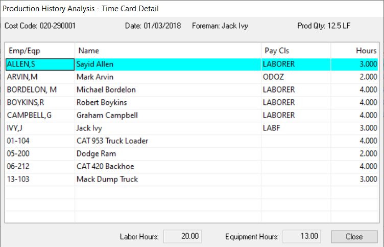 production history time card details heavybid