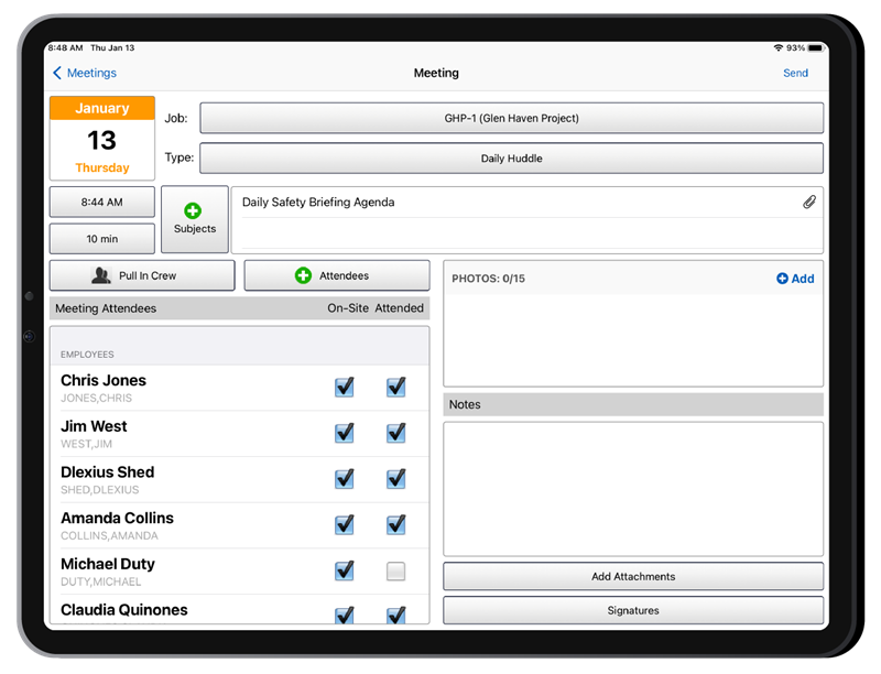 hcss safety meetings on tablet