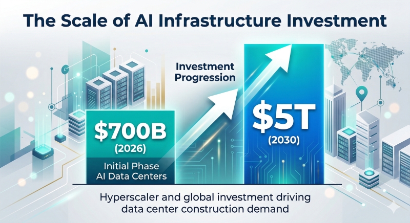 Graphic showing AI infrastructure investment growing from $700 billion in 2026 to $5 trillion by 2030.