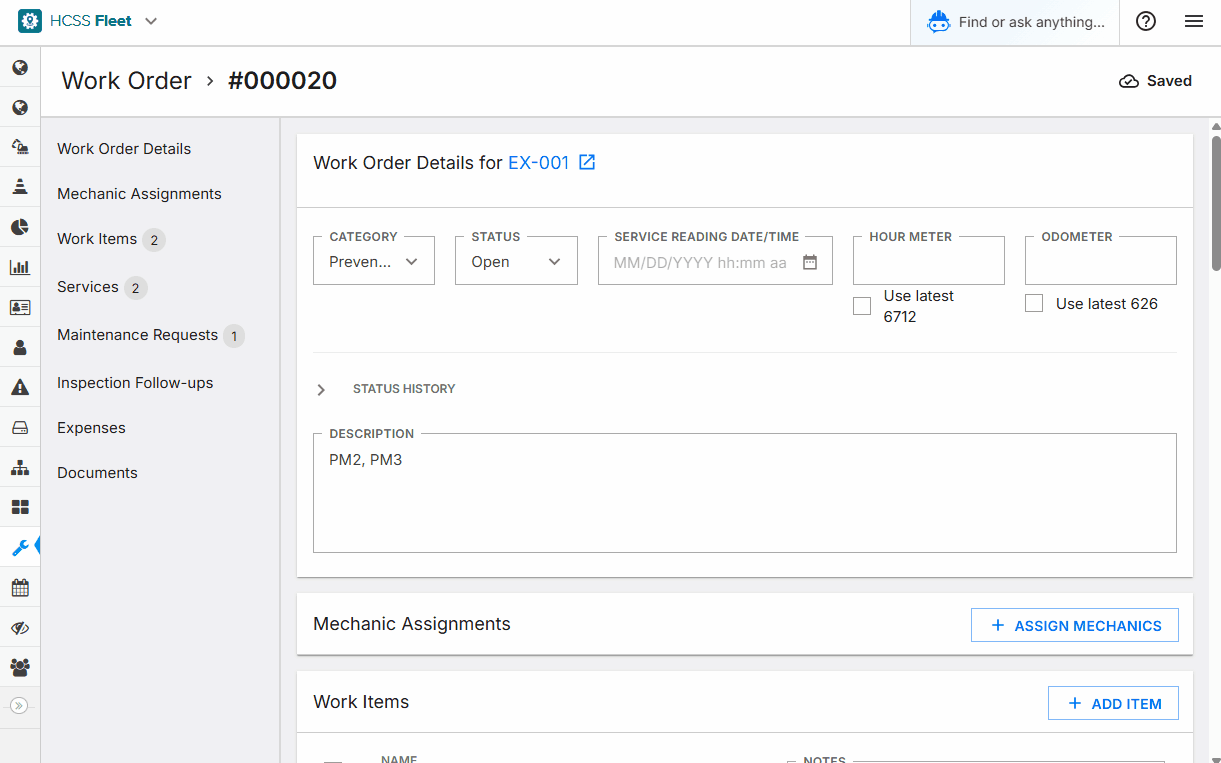 hcss fleet work order expense