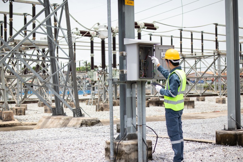 Electrical substation with transformers and transmission equipment supporting power infrastructure for data centers.