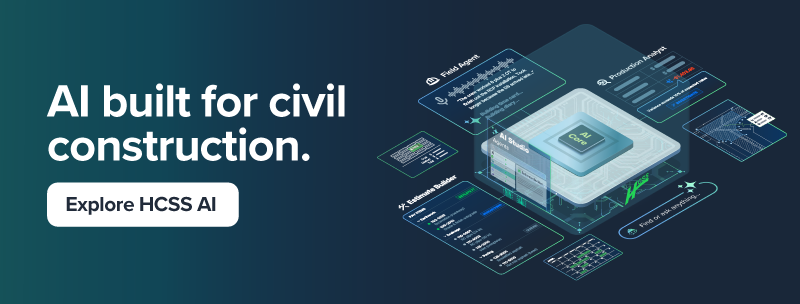 HCSS AI promotional banner with Field Agent, Production Analyst, Estimate Builder, and other AI tool icons around a central processor graphic.