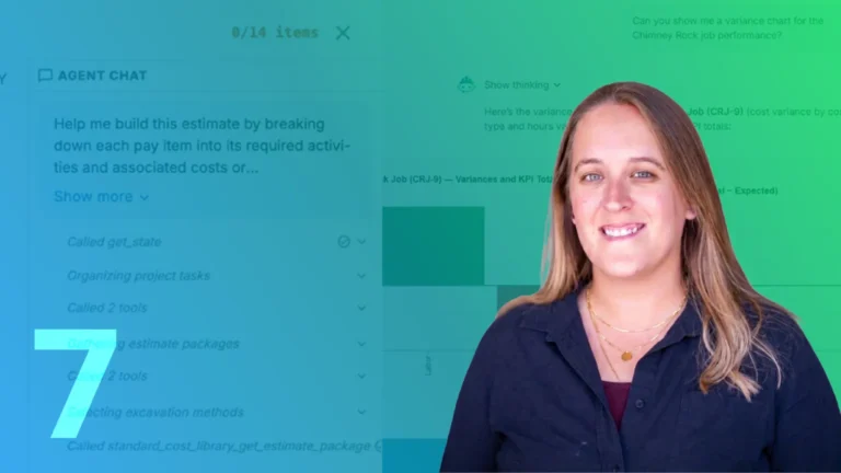 Michaela Halliwell beside the number 7 over an AI agent chat building a construction estimate
