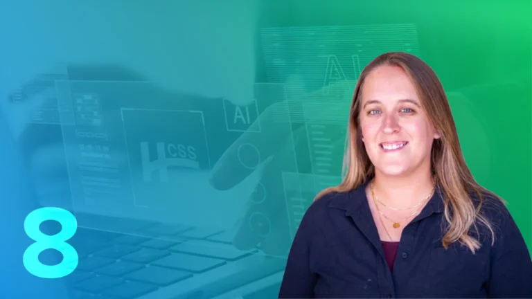 Michaela Halliwell beside the number 8 over a hand on a laptop with HCSS and AI interface icons