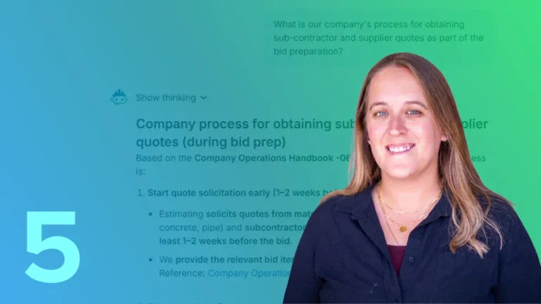Michaela Halliwell beside the number 5 over an AI chat answering a question about subcontractor quotes