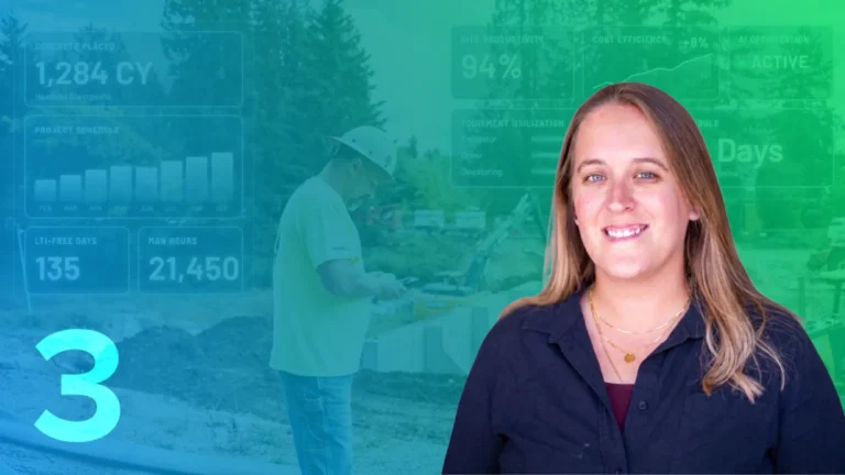 Michaela Halliwell beside the number 3 over a jobsite worker with a tablet and project data dashboard