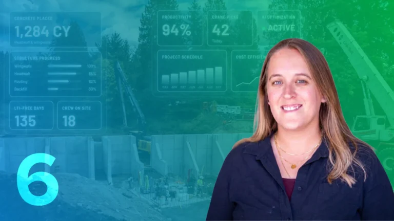 Michaela Halliwell beside the number 6 over a concrete wall construction site with a project dashboard