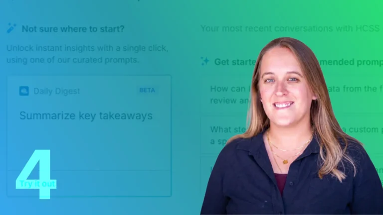 Michaela Halliwell beside the number 4 over an HCSS AI assistant screen with curated prompts