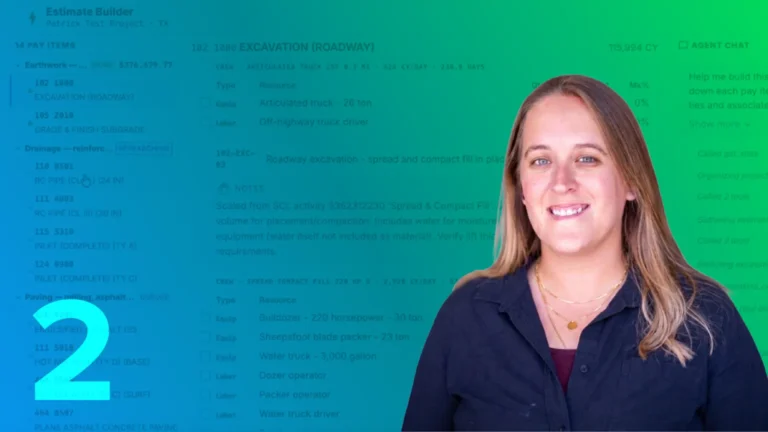 Michaela Halliwell beside the number 2 over an estimating software screen with pay items and agent chat