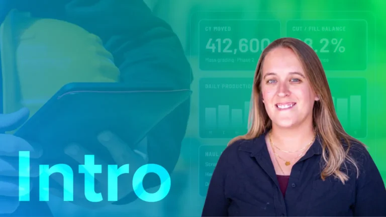 Michaela Halliwell smiling beside the word Intro over a teal-to-green gradient with a contractor holding a tablet and a construction dashboard