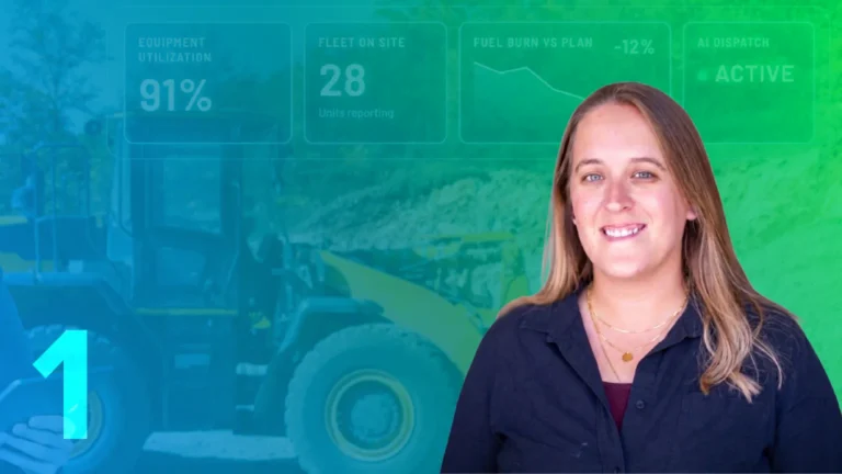 Michaela Halliwell beside the number 1 over a wheel loader and an equipment utilization dashboard